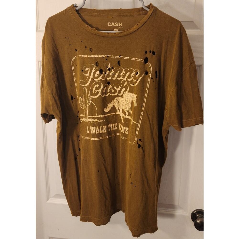 Johnny Cash I Walk the Line Tee XL Brown Distressed Graphic Shirt